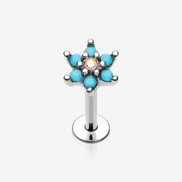 Turquoise Spring Flower Sparkle Top Steel Labret-Turquoise/Aurora Borealis